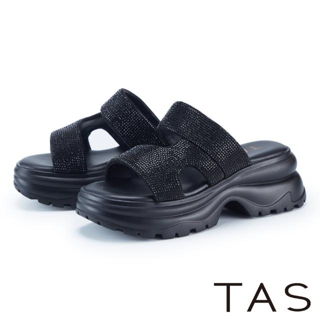 【TAS】燙鑽絨布休閒鬆糕厚底拖鞋(黑色)