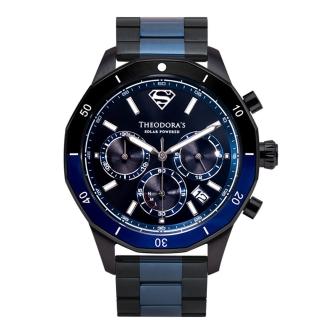 【THEODORA’S 希奧朵拉】[贈錶帶]SUPERMAN太陽能雙色陶瓷圈夜光潛水鋼鍊帶手錶(黑面藍黑圈 太陽能手錶)