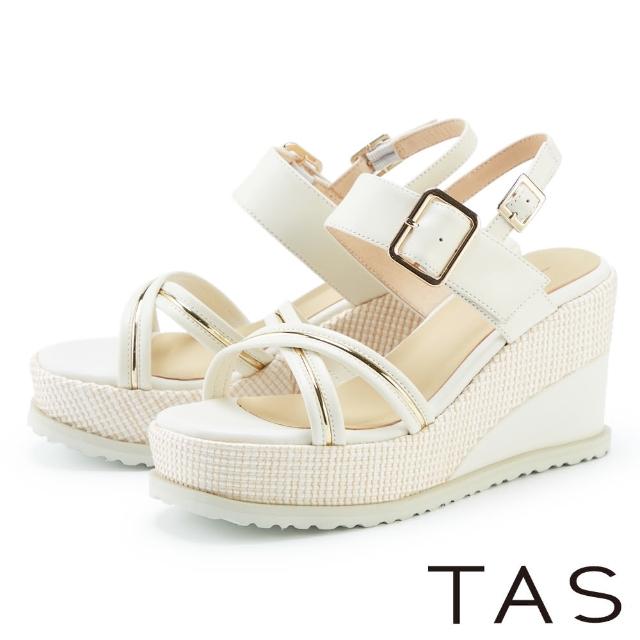 【TAS】金屬飾條裝飾真皮高跟楔型涼鞋(米白)