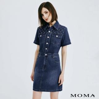 【MOMA】珍珠亮鑽連身牛仔裙(深藍色)