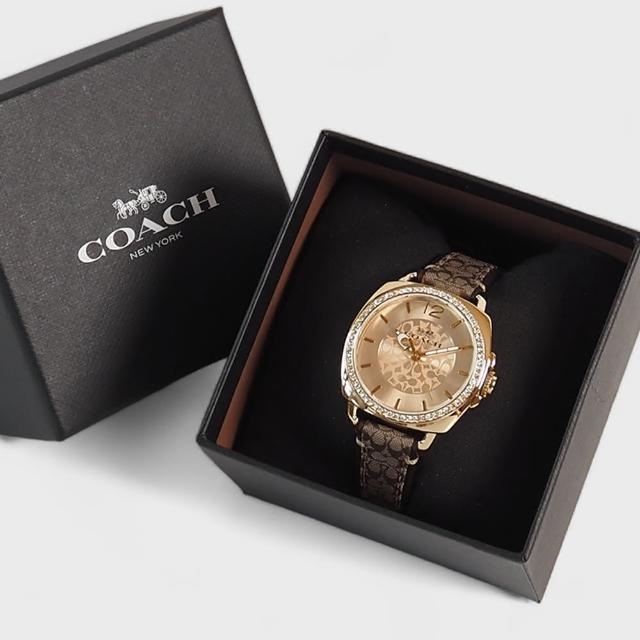 【COACH】Boyfriend 經典LOGO緹花織布晶鑽腕錶34mm(金/桃心木咖色)