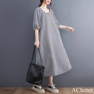 【ACheter】文藝復古黑白格圓領中袖連身裙寬鬆大碼長版洋裝#121881(格子)