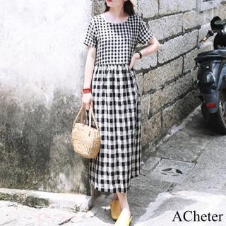 【ACheter】旅行格子文藝色織圓領短袖亞麻感連身裙長版洋裝#121930(條紋)