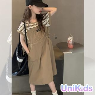 【UniKids】中大童裝短袖洋裝 假兩件條紋拼接連身裙 女大童裝 CV620102(卡其)