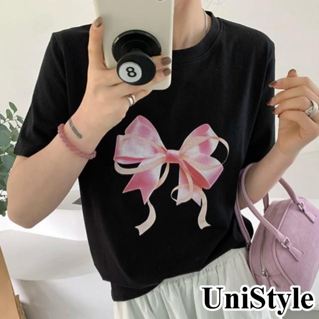 【UniStyle】圓領短袖T恤 韓版芭蕾風蝴蝶結印花上衣 女 UP1681(黑)