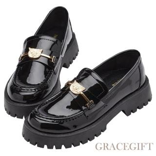 【Grace Gift】PAUL & JOE聯名-貓咪金屬飾釦鋸齒厚底樂福鞋(黑漆)