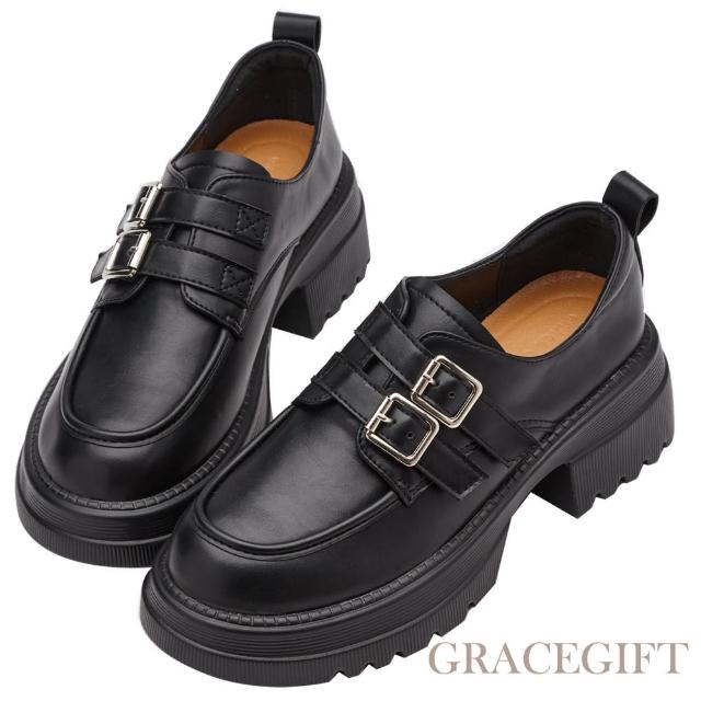 【Grace Gift】復古圓頭雙釦帶厚底樂福鞋(黑)