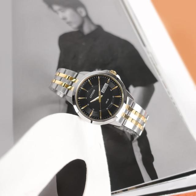 【CITIZEN 星辰】經典紳士 礦石強化玻璃 日本機芯 星期日期 不鏽鋼手錶 黑x鍍金 41mm(BF2018-52E)