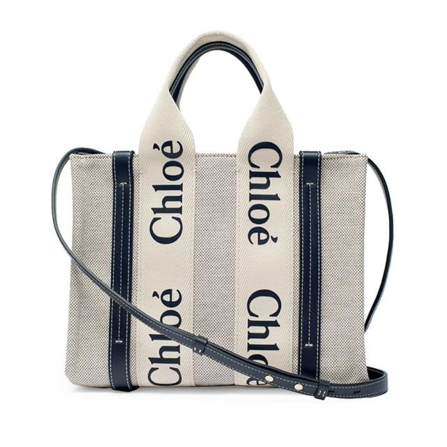 【Chloe’ 蔻依】CHC22AS397I2691J 經典小號Woody帆布皮革飾邊手提斜背購物包(藍黑色)