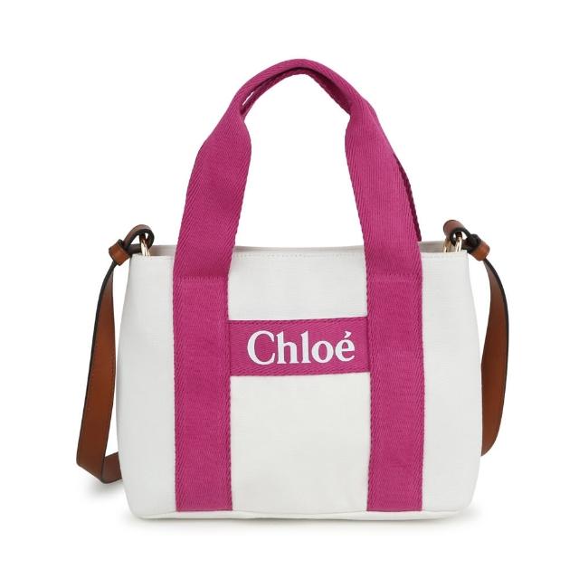【Chloe’ 蔻依】CHC24SB200046117 經典LOGO帆布牛皮飾邊手提斜背包(粉色)