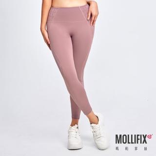 【Mollifix 瑪莉菲絲】滿版logo拼接修飾動塑褲、瑜珈服、Legging(玫瑰紫)