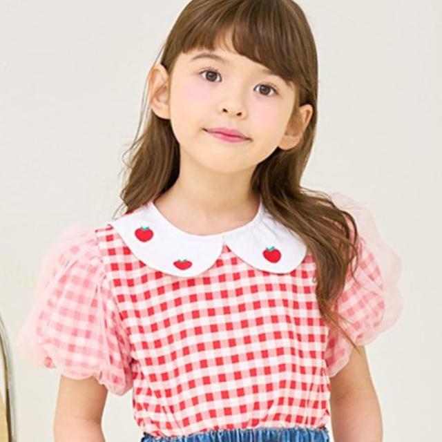 【BebeZoo】草莓圖案娃娃領格紋澎袖短袖上衣/T恤(TM2404-401)