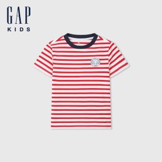 【GAP】男童裝 純棉小熊印花圓領短袖T恤-紅白條紋(466053)