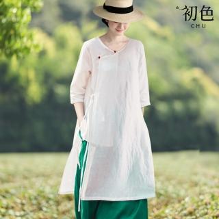 【初色】中國風禪意純色開岔綁帶盤扣寬鬆V領五分袖上衣女上衣-白色-35130(M-2XL可選)