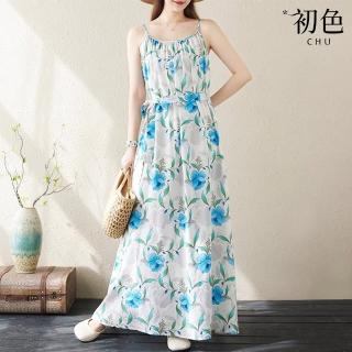 【初色】波西米亞風植物花卉印花無袖圓領吊帶裙連衣裙連身洋裝長洋裝-藍色-35174(M-2XL可選)