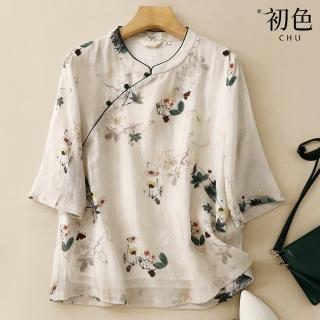 【初色】新中式復古風植物花卉印花立領五分短袖襯衫上衣女上衣-白色-35167(M-2XL)