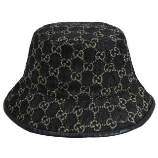 【GUCCI 古馳】經典雙G緹花LOGO棉質個性時尚漁夫帽遮陽帽(黑/黑邊)