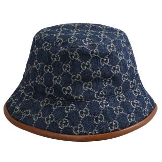 【GUCCI 古馳】經典雙G緹花LOGO棉質個性時尚漁夫帽遮陽帽(深藍/咖邊)