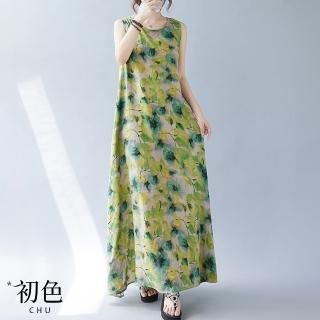 【初色】圓領水墨暈染印花寬鬆無袖長連衣裙連身洋裝-綠色-35156(M-2XL可選)
