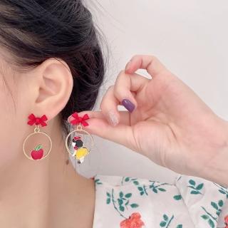 【Emi 艾迷】少女與蘋果童趣蝴蝶結 925銀針 耳環 耳夾 無耳洞 夾式耳環