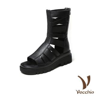 【Vecchio】真皮涼鞋 厚底涼鞋/真皮頭層牛皮復古露趾厚底羅馬涼鞋 涼靴(黑)