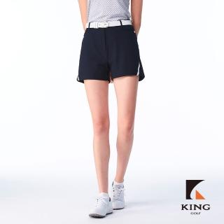 【KING GOLF】實體同步款-女款簡約百搭拼接織帶修身短褲/高爾夫球褲(深藍色)