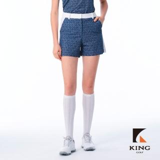 【KING GOLF】實體同步款-女款KG滿版印圖側拼接個性鉚釘修身A字短褲/高爾夫球褲(深藍色)