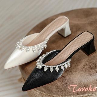 【Taroko】珍珠花邊綢緞尖頭粗跟拖鞋(2色可選)