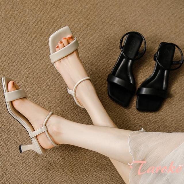 【Taroko】純色粗一字方頭高貴細跟涼鞋(2色可選)