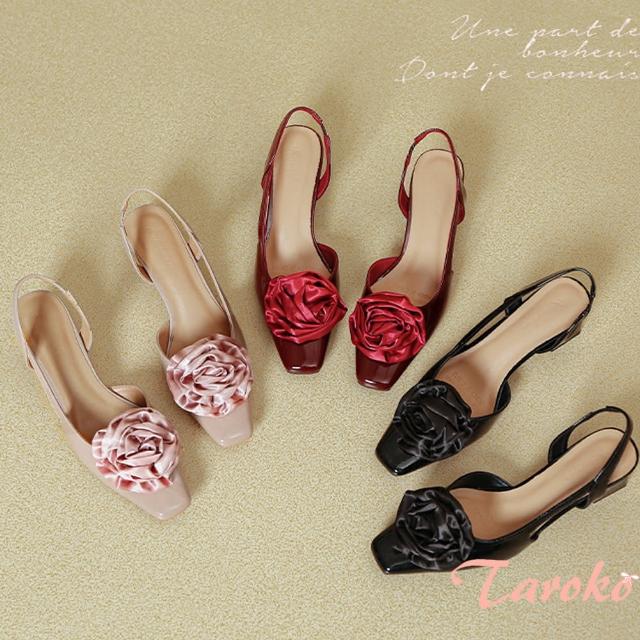 【Taroko】玫瑰精靈方頭漆皮粗跟後空涼鞋(3色可選)
