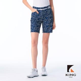 【KING GOLF】實體同步款-女款手繪線條印花修身剪裁高腰修身五分褲短褲/高爾夫球褲(深藍色)