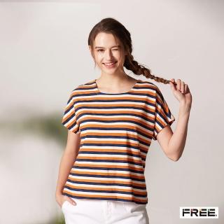 【FREE】純棉彩條微寬領短袖上衣(亮橙)