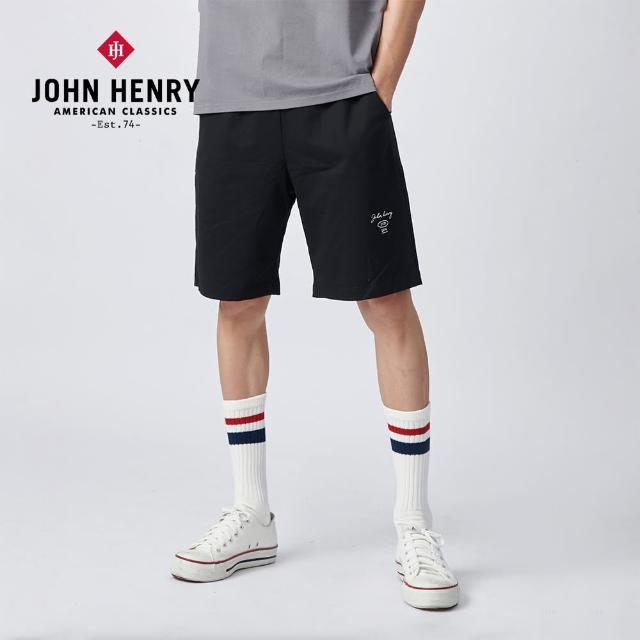 【JOHN HENRY】抽繩刺繡棉質短褲-黑色