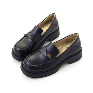 【amai】氣質學院風金幣厚底樂福鞋 懶人鞋 厚底鞋 英倫風 百搭 時尚 優雅 大尺碼 LF24-35BK(黑色)