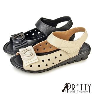 【Pretty】女鞋 魚口涼鞋 鏤空 厚底 小坡跟 台灣製(米色、黑色)