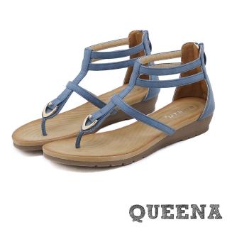 【QUEENA】坡跟涼鞋 厚底涼鞋/度假風極簡線條坡跟厚底涼鞋 沙灘涼鞋(藍)