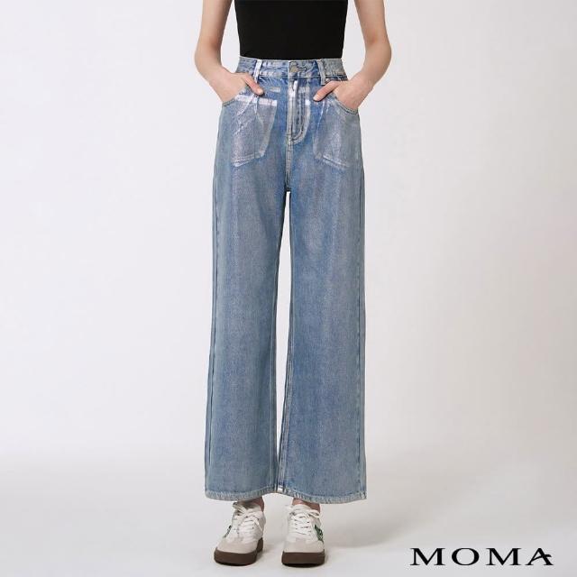 【MOMA】燙銀面感高腰牛仔寬褲(藍色)