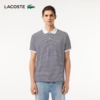 【LACOSTE】男裝-L.12.12 條紋棉質短袖 Polo 衫(白/海軍藍)