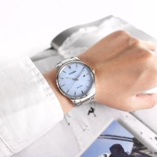 【CITIZEN 星辰】光動能 簡約時尚 藍寶石水晶玻璃 日期 不鏽鋼手錶 冰河藍色 40mm(BM6978-77L)