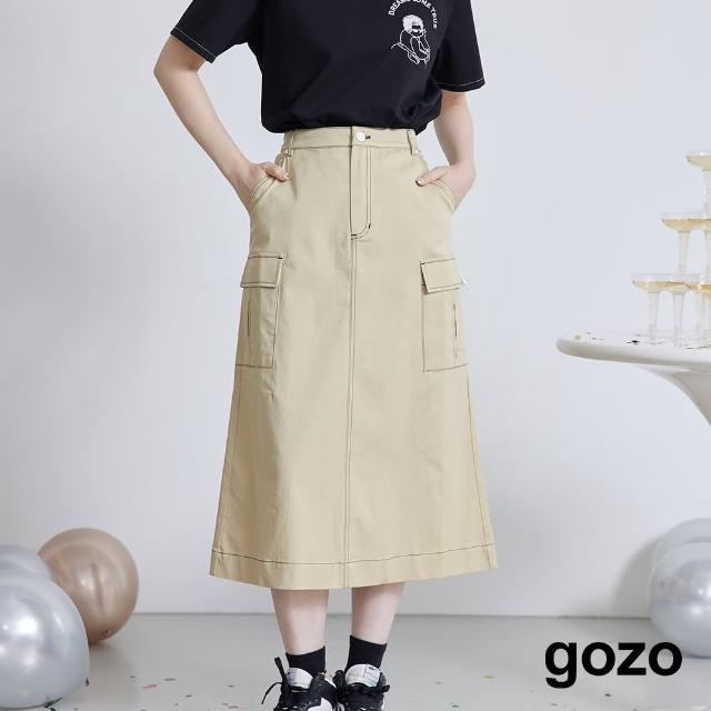 【gozo】配色壓線A字工裝長裙(淺卡其)