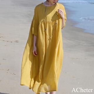 【ACheter】雙層天絲麻感短袖圓領連身裙溫柔風長款寬鬆紫色仙女洋裝#122224(白/黃/紫)