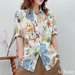 【ACheter】韓版寬鬆俏麗印花襯衫單排扣百搭休閒時髦上衣短袖短版#122221(白/藍)