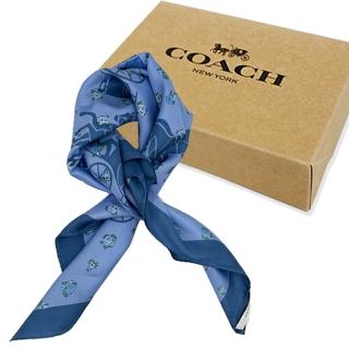 【COACH】經典LOGO100%蠶絲絲巾方巾圍巾禮盒(花卉藍)