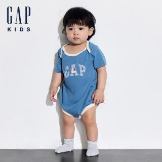 【GAP】嬰兒裝 Logo純棉印花圓領短袖包屁衣-藍色(505556)