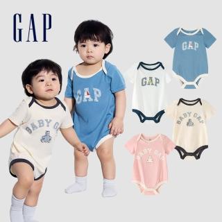 【GAP】嬰兒裝 Logo純棉印花圓領短袖包屁衣-白色(505556)