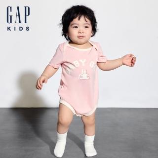 【GAP】嬰兒裝 Logo純棉小熊印花圓領短袖包屁衣-粉色(505656)