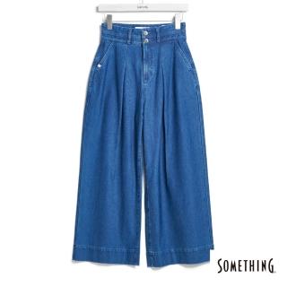【SOMETHING】女裝 雙腰頭針織超寬丹寧直筒牛仔褲(石洗藍)