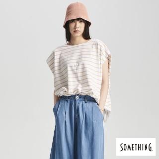 【SOMETHING】女裝 條紋包袖針織短袖T恤(淺卡其)