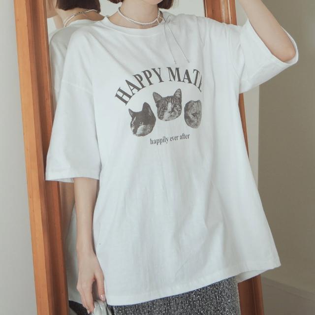 【Queenshop】女裝 短袖 HAPPY MATE貓咪印圖寬版上衣 現+預 01190029