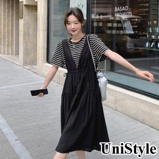 【UniStyle】假兩件短袖洋裝 韓系條紋拼接顯瘦連身裙 女 ZMC177-D80(黑)